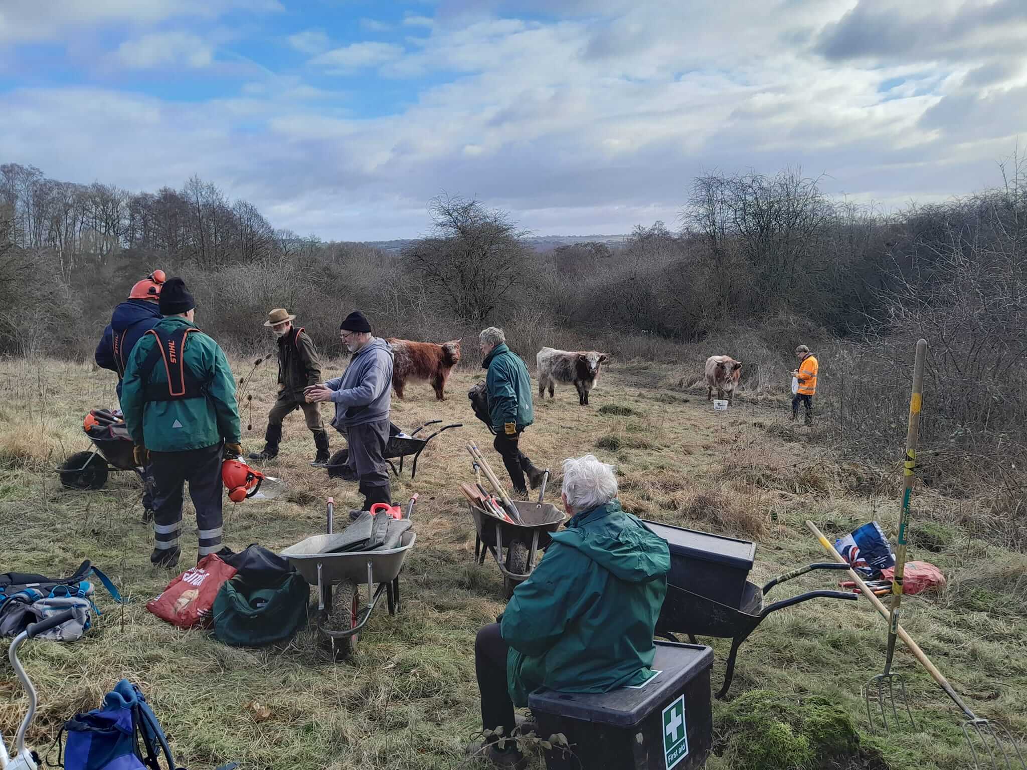 Volunteers sitting round enjoying the scenery with cows in the background